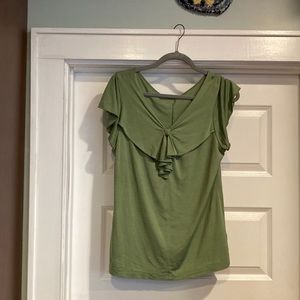 Luxurious sage green silk blouse with cap sleeves and draped collar